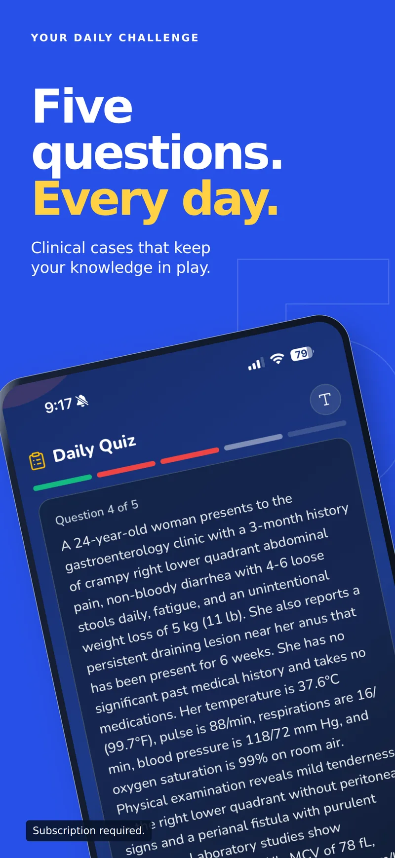 Five questions. Every day. Scrub Battle: CK daily quiz showing question 4 of 5, a clinical vignette about abdominal pain and diarrhea.
